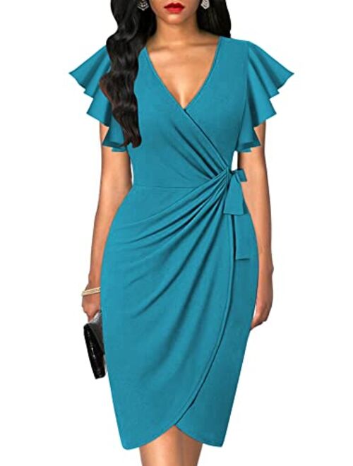 oten Womens Deep V Neck Ruffle Sleeve Sheath Casual Cocktail Party Work Faux Wrap Dress