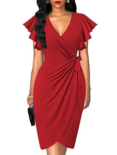 oten Womens Deep V Neck Ruffle Sleeve Sheath Casual Cocktail Party Work Faux Wrap Dress