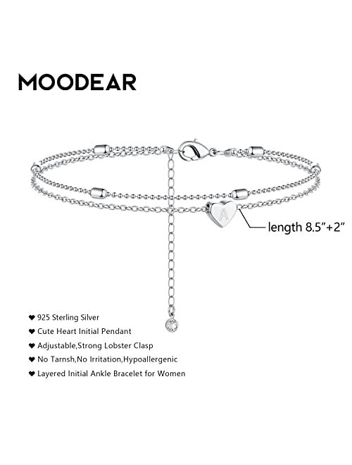 Moodear Silver Ankle Bracelets for Women, Sterling Silver Initial Anklet Layered Dainty Tiny Heart Charm Handmade Carved Alphabet A-Z Letter Ankle Bracelet Beaded Foot Ch