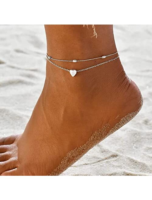 Moodear Silver Ankle Bracelets for Women, Sterling Silver Initial Anklet Layered Dainty Tiny Heart Charm Handmade Carved Alphabet A-Z Letter Ankle Bracelet Beaded Foot Ch