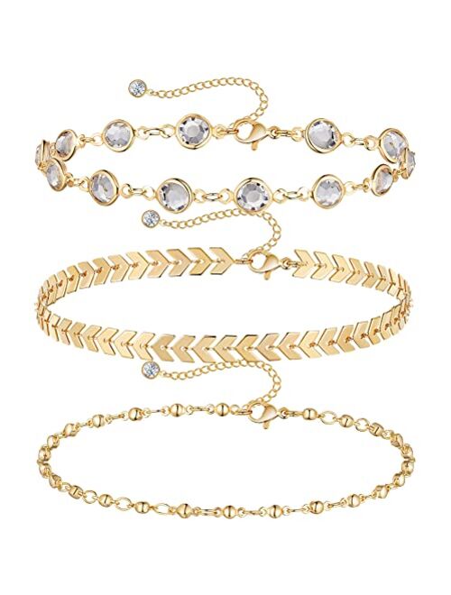 DEARMAY Gold Anklets for Women 14K Gold Ankle Bracelets for Women 3Pcs Waterproof CZ Herringbone Cuban Link Anklets Set Layered Anklet Bracelets for Women Anklet for Wome