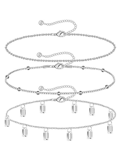 Budding Gallery Gold Ankle Bracelets for Women 14k Gold Plated Anklet Silver Evil Eye Butterfly Star Rose Quartz Bead Box Paperclip Chain Dainty Layered Anklet Set 3Pcs J