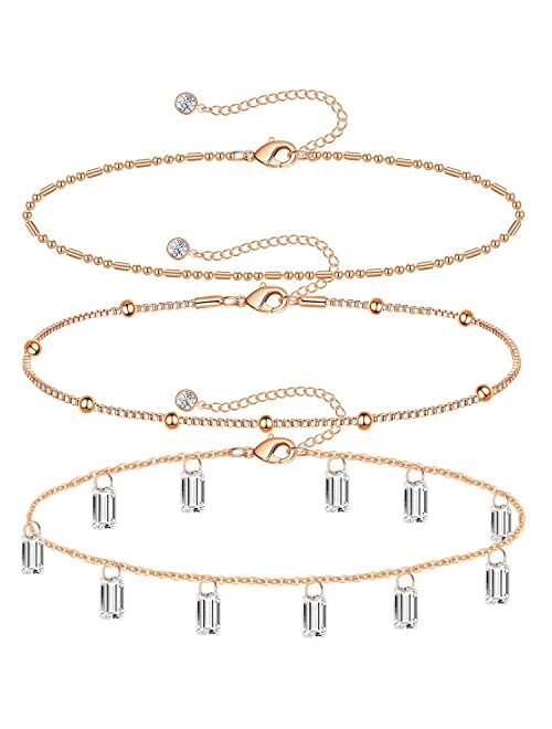 Budding Gallery Gold Ankle Bracelets for Women 14k Gold Plated Anklet Silver Evil Eye Butterfly Star Rose Quartz Bead Box Paperclip Chain Dainty Layered Anklet Set 3Pcs J