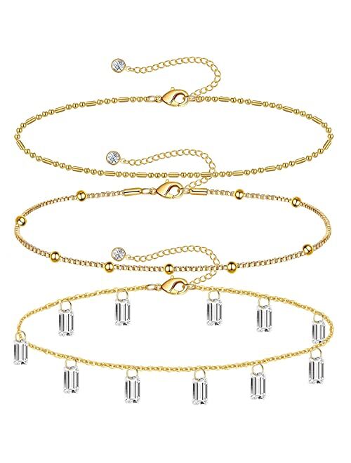 Budding Gallery Gold Ankle Bracelets for Women 14k Gold Plated Anklet Silver Evil Eye Butterfly Star Rose Quartz Bead Box Paperclip Chain Dainty Layered Anklet Set 3Pcs J