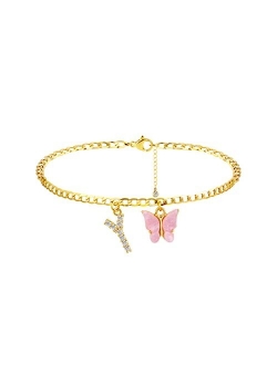 Viromy 14K Gold Plated Dainty Butterfly Initial Ankle Bracelets Handmade Cuban Chain White Butterfly A-Z Alphabet Letter Initial Anklets Personalized Summer Beach Jewelry