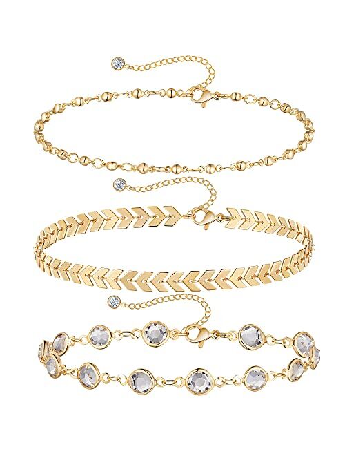 Tewiky Ankle Bracelets for Women, 14k Gold Anklets Layered Gold Herringbone Figaro Tennis Cuban Link Anklet for Women Boho 3PCS Gold Anklet Set Summer Beach Foot Jewelry 