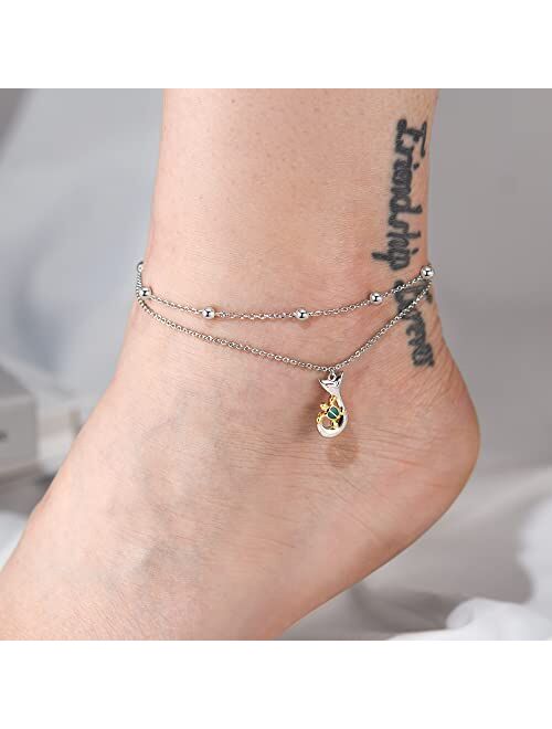 LINGBG JEWELRY Layered Sea Turtle Anklet for Women - Dangling Sterling Silver Turtle Pendant Ankle Bracelets - Adjustable Summer Beach Ankle Jewelry Gifts for Girls