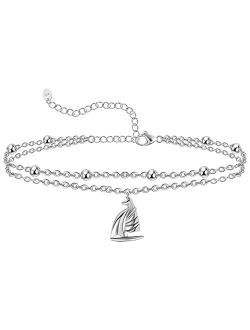 Chic & Artsy Womens Anklet 925 Sterling Silver Created Opal Layered Anklet Bracelet Dainty Beaded Chain Anklet Adjustable 11" Best Friend Anklet for Women