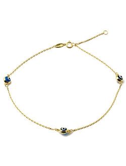 LoveBling 10K Yellow Gold .5mm Rolo Chain with Evil Eye Charms Anklet Adjustable 9" to 10" (#45)