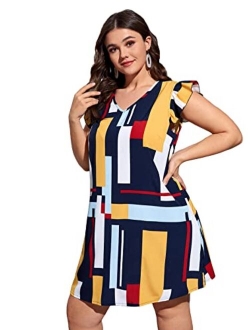 Women's Plus Size Floral V Neck Ruffle Sleeve Short Summer Dress