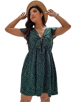 Women's Plus Size Floral V Neck Ruffle Sleeve Short Summer Dress