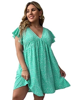 Women's Plus Size Floral V Neck Ruffle Sleeve Short Summer Dress