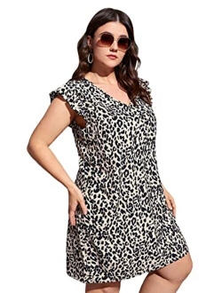 Women's Plus Size Floral V Neck Ruffle Sleeve Short Summer Dress