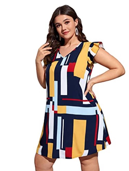 Floerns Women's Plus Size Floral V Neck Ruffle Sleeve Short Summer Dress