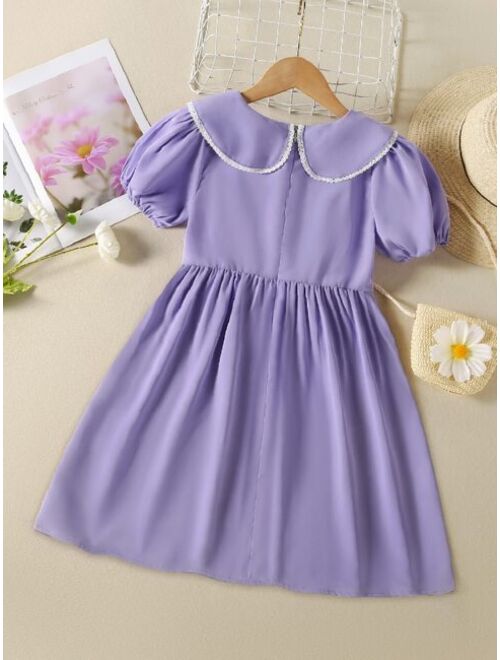 Buy Shein Girls Lace Trim Peter Pan Collar Puff Sleeve Dress online ...