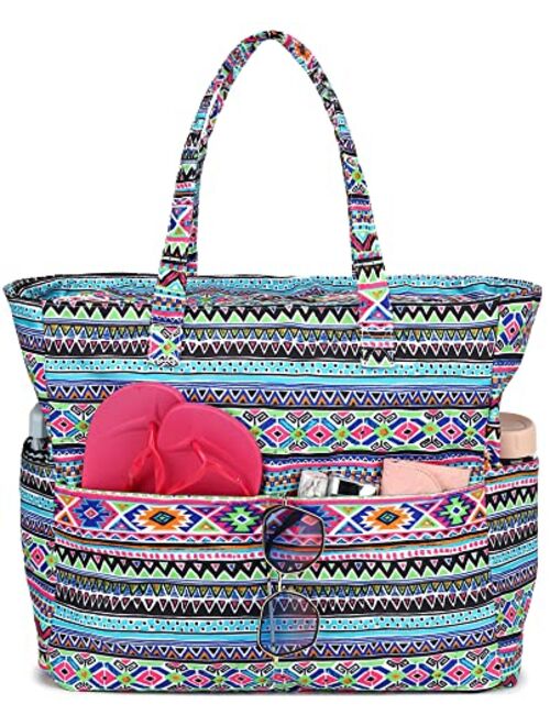 Camtop Large Beach Tote Bag with Zipper Pockets Waterproof Sandproof Pool Bags Gym Bag with Wet Compartment Travel Carry On Women