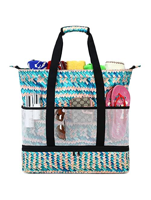 Octsky Beach Bag with Cooler Zipper Pool bag Women Waterproof Sandproof Beach Tote Bags Top Large Beach Tote