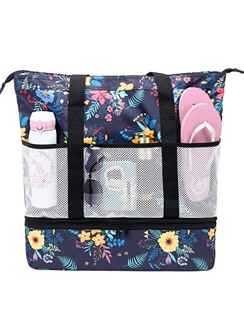 Octsky Beach Bag with Cooler Zipper Pool bag Women Waterproof Sandproof Beach Tote Bags Top Large Beach Tote