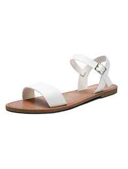 SANDALUP Women’s Soft Faux Leather Open Toe and Ankle Strap Buckle Flat Sandals