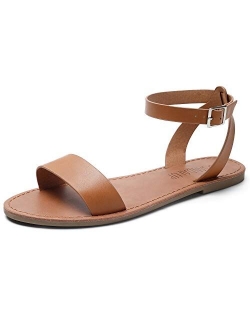 SANDALUP Women’s Soft Faux Leather Open Toe and Ankle Strap Buckle Flat Sandals