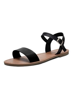 SANDALUP Women’s Soft Faux Leather Open Toe and Ankle Strap Buckle Flat Sandals