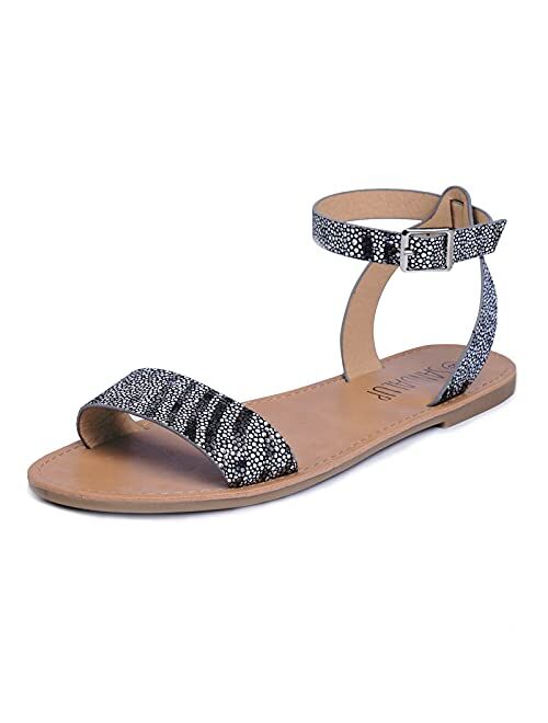 SANDALUP Women’s Soft Faux Leather Open Toe and Ankle Strap Buckle Flat Sandals