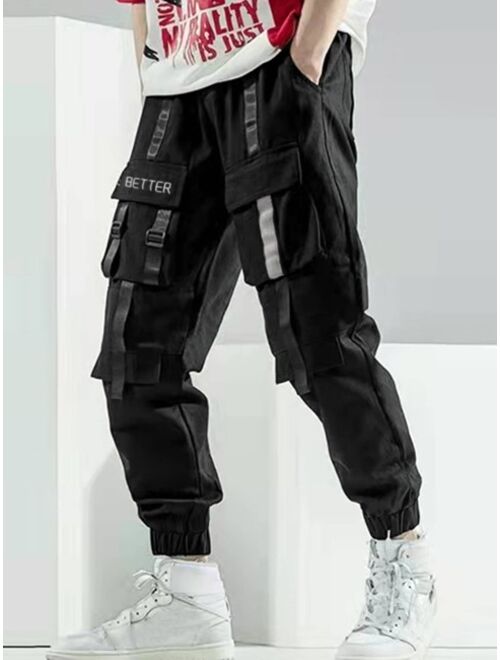 Shein Men Slogan Graphic Buckle Detail Flap Pocket Drawstring Waist Cargo Pants