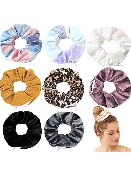 Dinprey Velvet Dots Hair Scrunchie with zipper pouch hair ties Ropes secret zipper pocket scrunchies Tie Soft Stash Leopard Scrunchies Hair Elastic Ties for Vsco Girl Stu