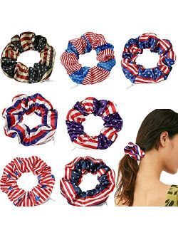 Dinprey 7 Pcs Independence Day USA American Flag Hair Scrunchie with zipper Large pocket hair ties fourth of july Scrunchies Festival Velvet Scrunchie for girls