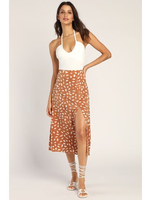 Lulus Getting Glam Peach Print Slit Midi Skirt