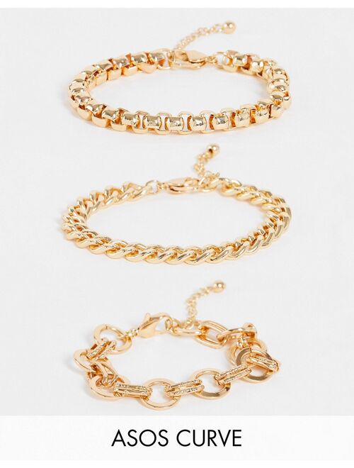 ASOS DESIGN Curve 3-pack bracelets mixed vintage style chains in gold tone