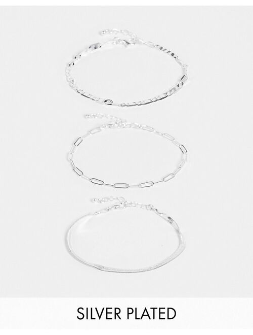 ASOS DESIGN pack of 3 silver plated fine bracelets in mixed chain in silver tone