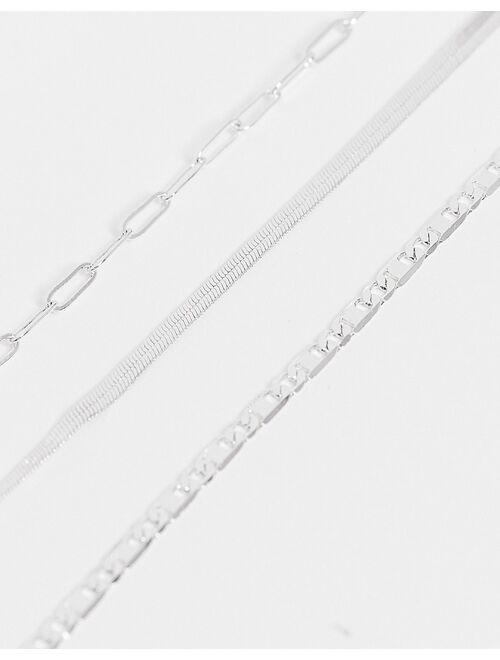 ASOS DESIGN pack of 3 silver plated fine bracelets in mixed chain in silver tone