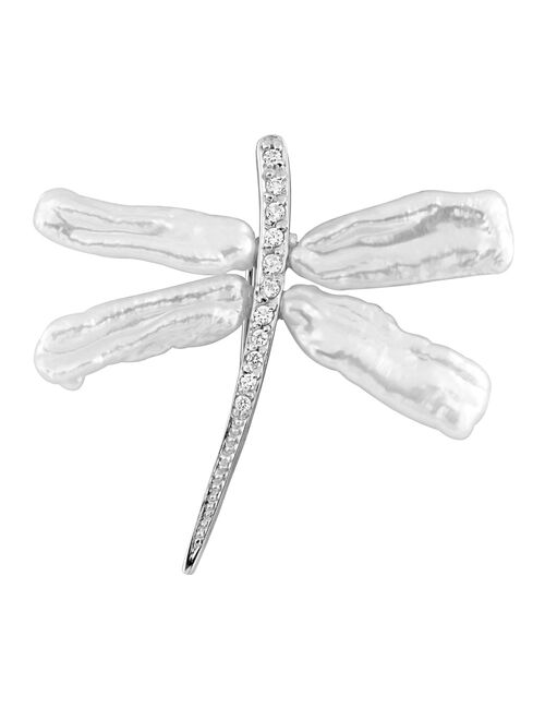 Sterling Silver Keshi Pearl & Cubic Zirconia Dragonfly Brooch