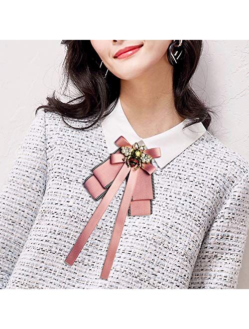 Retzjorv Vpang Retro Pearl Bee Bow Brooch Pre-Tied Neck Tie Brooch Pin Satin Ribbon Bow Tie for Women Wedding Party Bow Tie