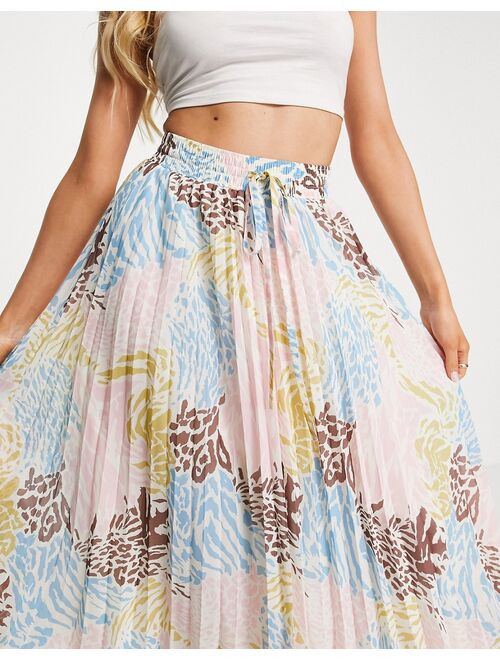 ASOS DESIGN plisse pleated midi skirt with shirred waistband in multi tonal animal