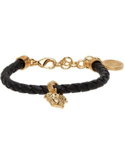 Black & Gold Leather Braided Charm Bracelet