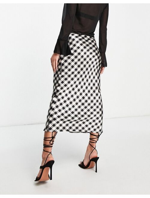 Topshop gingham satin bias midi skirt in monochrome