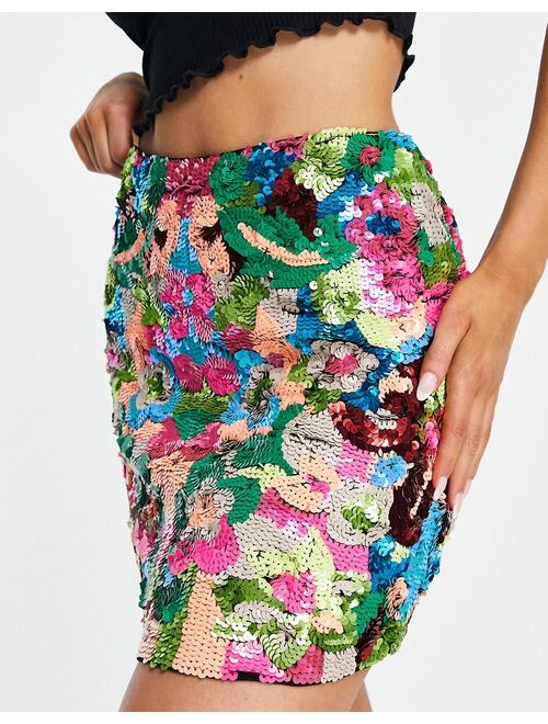 Miss Selfridge embellished mini skirt in multi color sequin