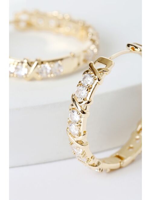 Lulus Xs and Ohs Gold Rhinestone Clicker Hoops