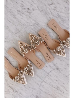 Flora Ivory Satin Pearl Embroidered Pointed-Toe Flats