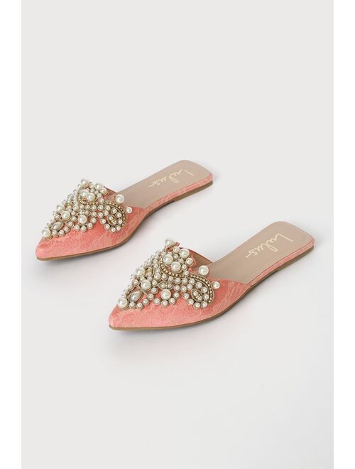 Lulus Flora Ivory Satin Pearl Embroidered Pointed-Toe Flats