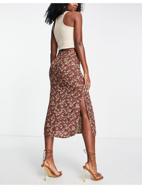 Motel midi grunge skirt in brown floral with thigh split