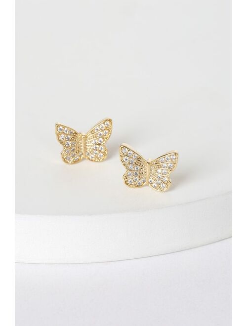 Lulus Always Fly High Gold Rhinestone Butterfly Stud Earrings