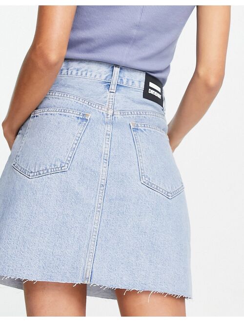 Dr Denim Echo high rise denim skirt with raw hem in light wash blue