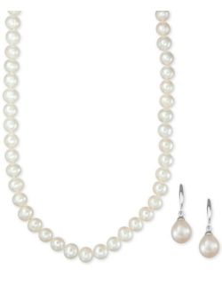 Macy's Cultured Freshwater Pearl Necklace (7-7 1/2mm) and Drop Earrings (7x9mm) Set in Sterling Silver