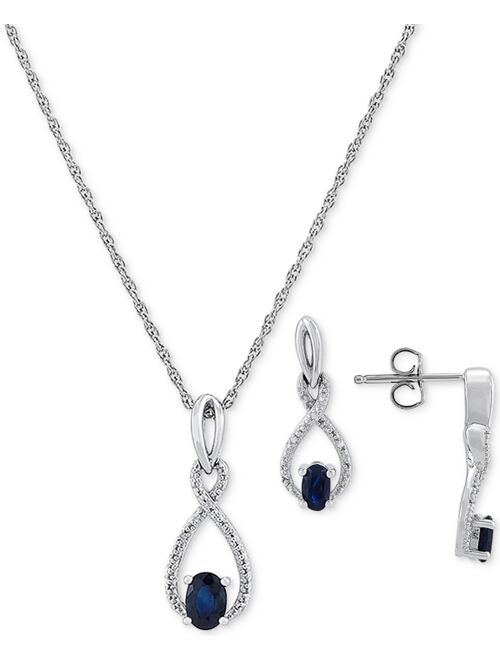 Macy's 2-Pc. Set Emerald (1-1/3 ct. t.w.) & Diamond (1/20 ct. t.w.) Pendant Necklace & Matching Drop Earrings in Sterling Silver (Also in Sapphire)