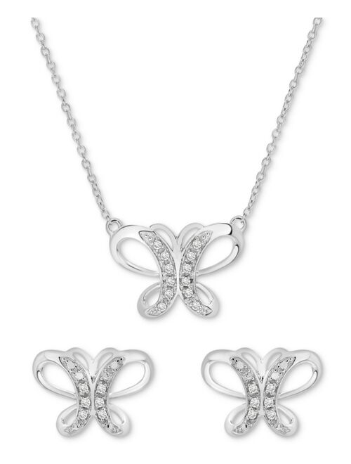 Macy's 2-Pc. Set Diamond Butterfly Pendant Necklace & Matching Stud Earrings (1/6 ct. t.w.) in Sterling Silver