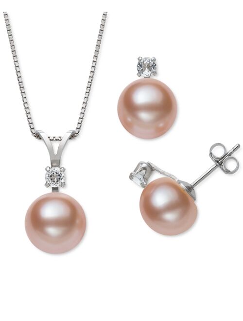 Macy's 2-Pc. Set White Cultured Freshwater Pearl (9-10mm) & White Topaz Accent Pendant Necklace & Matching Stud Earrings in Sterling Silver (Also in Pink and Dyed Black C