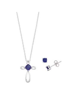 Made For You Sterling Silver Lab-Created Sapphire & Lab-Grown Diamond Accent Cross Pendant & Earring Set